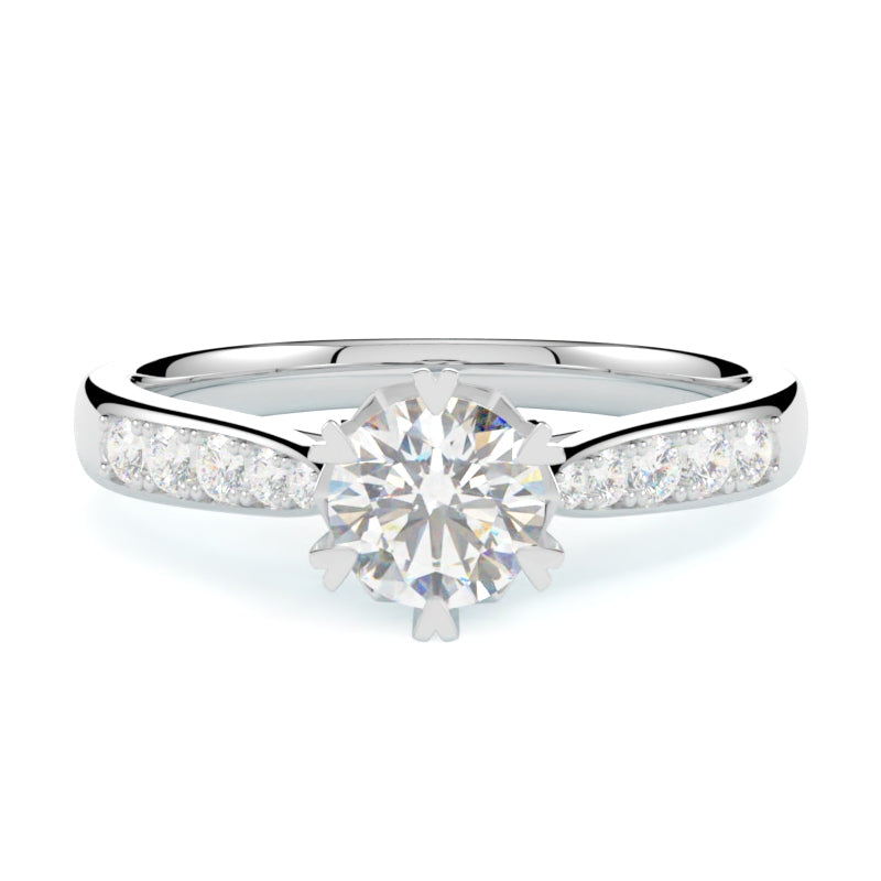 Pierścionek z diamentem Maya, diament szlif brylantowy, diamenty boczne na obrączce, białe złoto 585, GOLDPORT